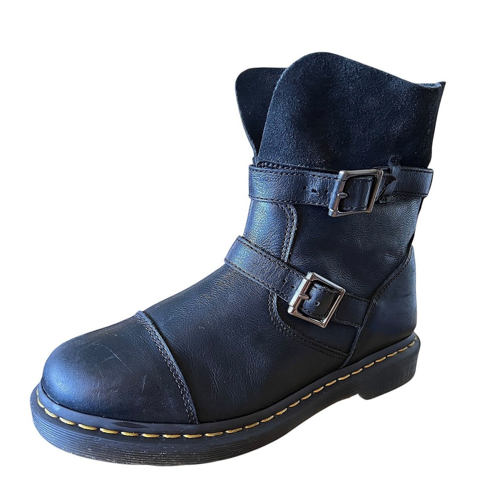Dr. Martens Kristy Black Leather Suede Biker Boots Buckle Mid Calf Womens 9 - Picture 2 of 16